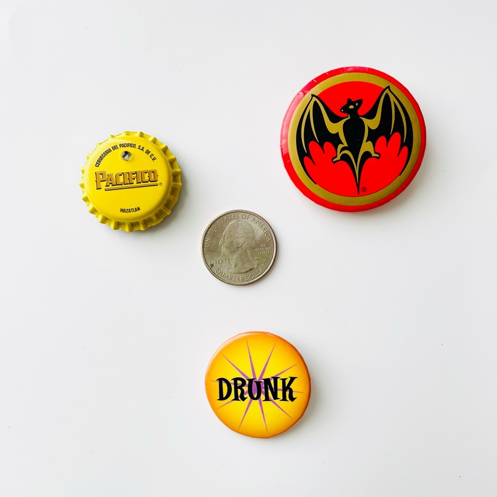 📍 5/$20 Pacifico Bottle Cap Logo, Bacardi Rum Bat Logo, Drunk Button Pin Add-On